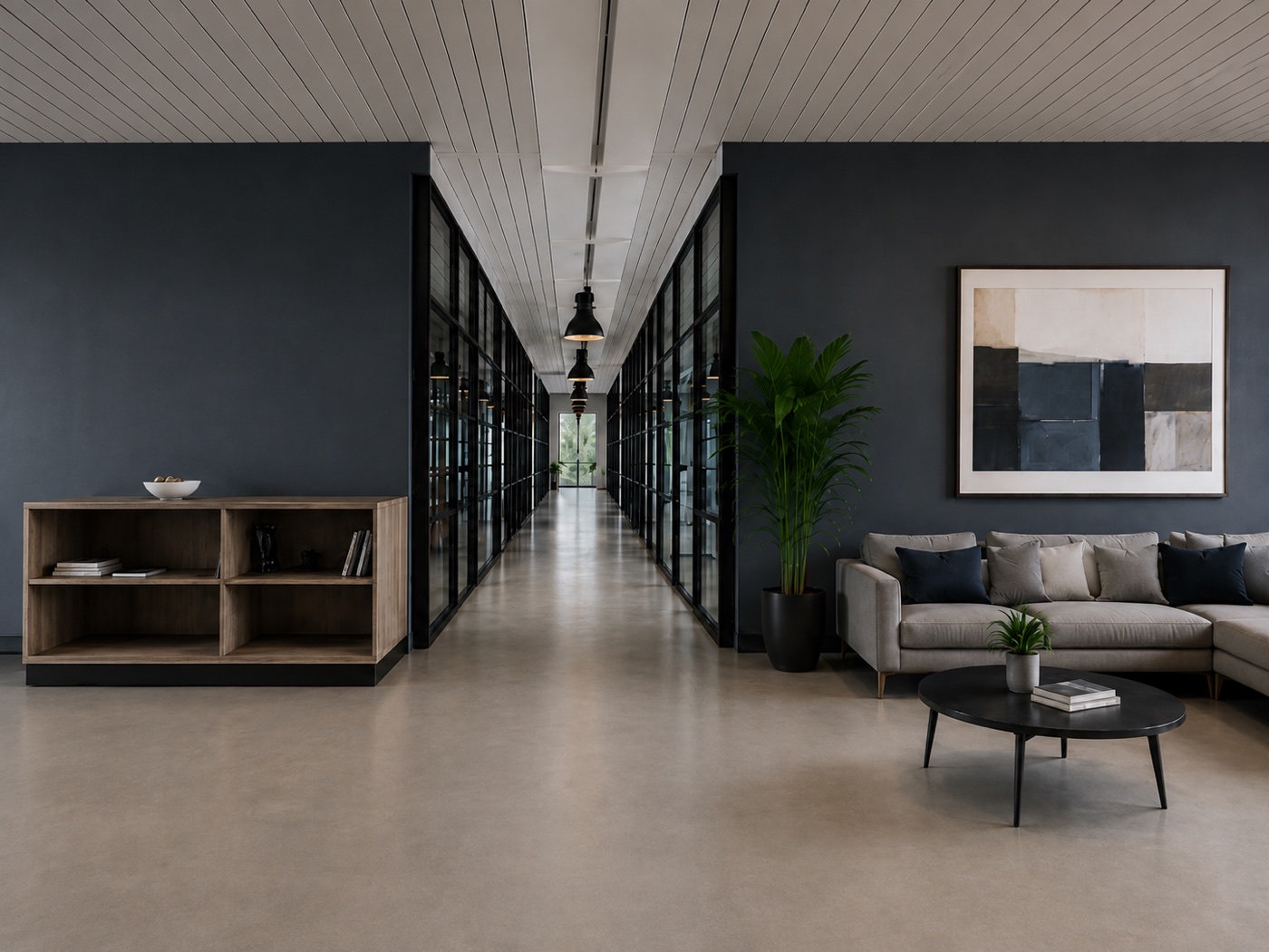A calm professional waiting area and office corridor